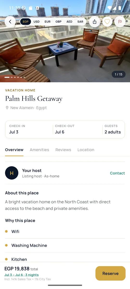 The As-home app showing a vacation home listing